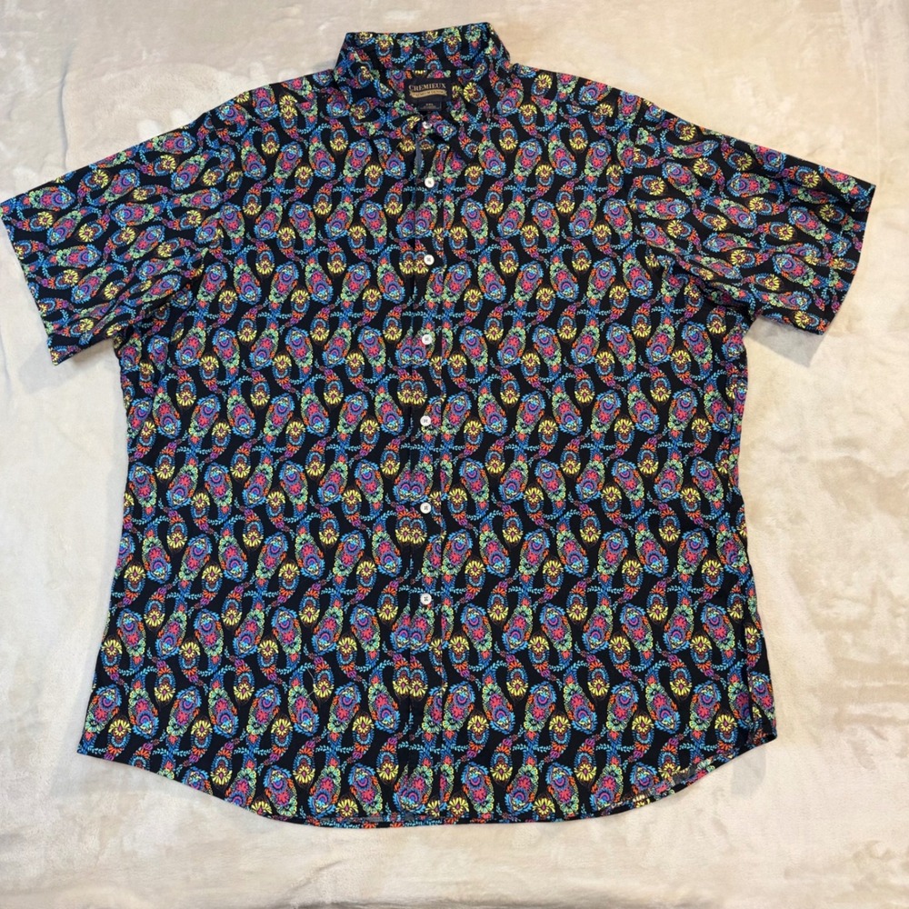 Cremieux Premium Denim Mens XXL Black Multi Color Paisley Short Sleeve Shirt NEW
